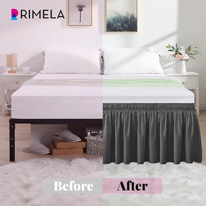 RIMELA Dark Grey Bed Skirt for Queen Size Beds & Matresses Wrap Around Elastic Dust Ruffles for Box Spring, Solid Wrinkle and Fade Resistant Machine Wash Fabric Easy to Install, Bedskirt 15 Inch Drop