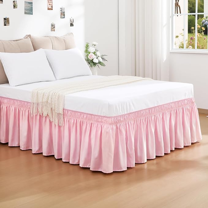 RIMELA Dusty Pink Bed Skirt King Size 18 Inch Drop, Wrap Around Elastic Bedskirt, Dust Ruffle for Adjustable Bed Base Machine Washable Easy to Install Bed Skirts