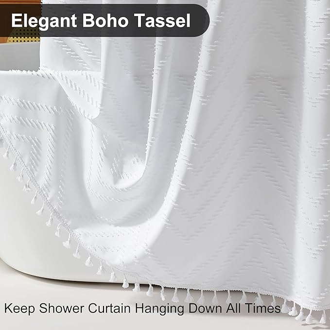 Extra Long White Boho Shower Curtain with Tassel, Woven Fabric 80 in Shower Curtain, Tufted Chevron Striped, 72 x 80, Modern Chic Textured Minimalist Bathroom Shower Curtains