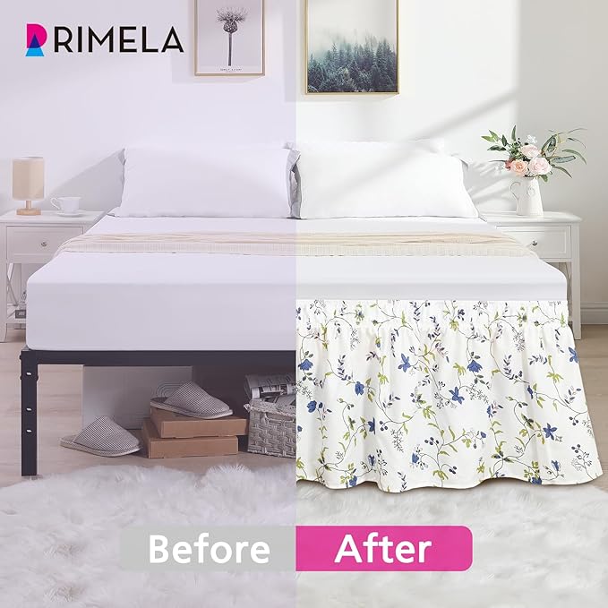 RIMELA Blue Berry Floral Bed Skirt Queen Size 15 Inch Drop, Elastic Bed Skirting for Bed Frame, Bedding Dust Ruffle Easy to Install, Lightweight Wrap Around Adjustable Bedskirt