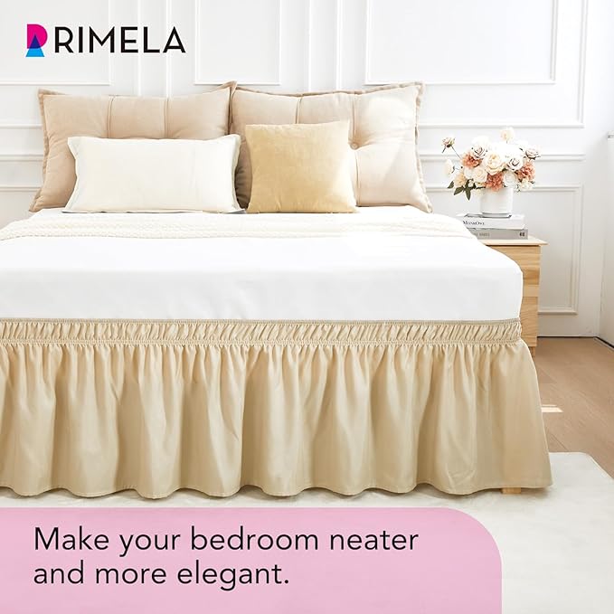 RIMELA Oatmeal Bed Skirt King Size 15 Inch Drop, Elastic Bed Skirting for Bed Base and Frame, Bedding Dust Ruffle Easy to Install, Lightweight Wrap Around Adjustable Bedskirt