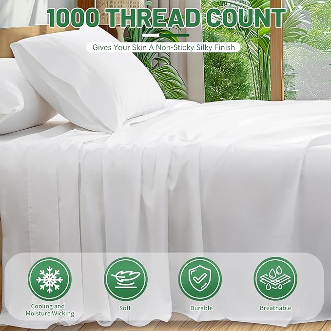 1000 Thread Count Egyptian Cotton Sheets Queen Size Set Sateen Weave Soft Breathable 16-Inch Deep Pocket 4PCS（Queen,White）