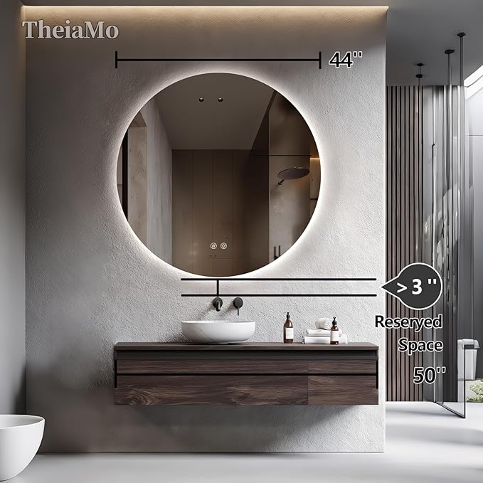 Round LED Mirror for Bathroom, 44" Circle Frameless Backlit Mirror with Lights, Wall Mounted Vanity Mirror, 3 Colors, Dimmable, Anti-Fog, IP65 Waterproof, Memory Function, UL Listed