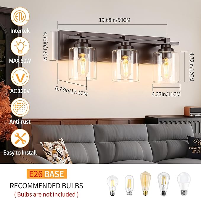 3 Light Modern Bathroom Light Fixtures Over Mirror, Bronze Finish Vanity Lights for Bathroom Wall Sconces with Clear Glass Shades, E26 Socket (Bulbs Not Included)
