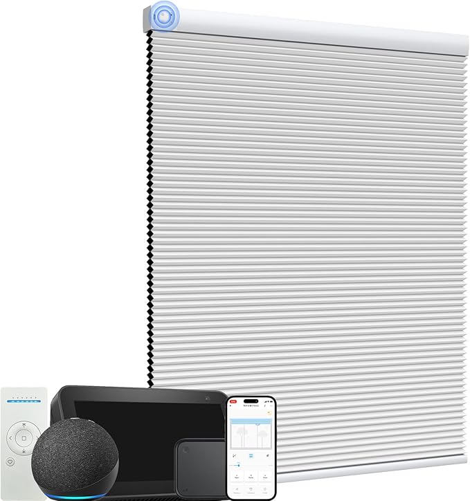 MYshade Motorized Cellular Shades - Smart Blinds Compatible with Alexa/Google Home/SmartThings, 100% Blackout Rechargeable Cordless Honeycomb Blinds, Custom-Size Auto Shades for Windows (White)