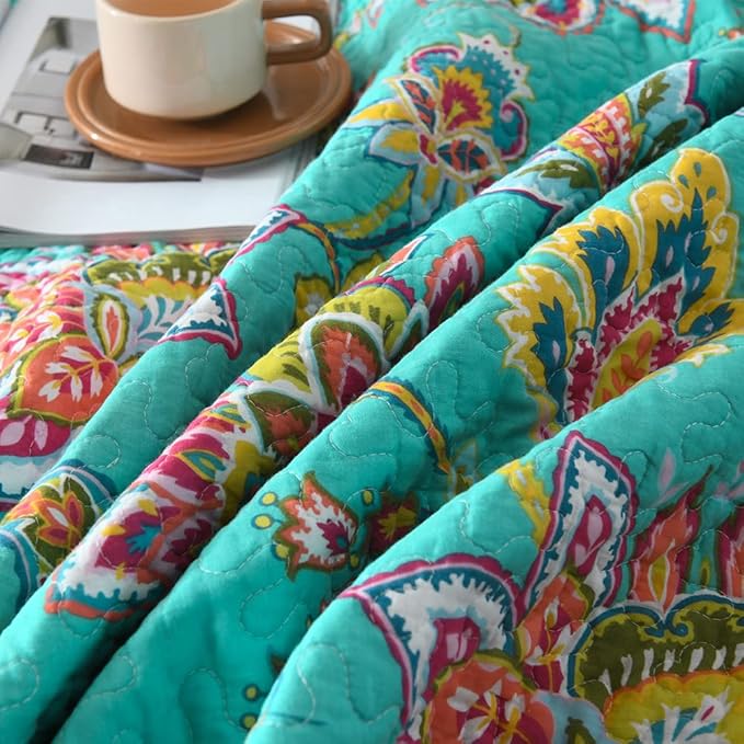 Cotton Bedspread Bedding Coverlet Quilt Sets, Reversible Vintage Branch Floral Bedspread comforters, (Vintage Turquoise Paisley Floral Pattern, Queen Size)