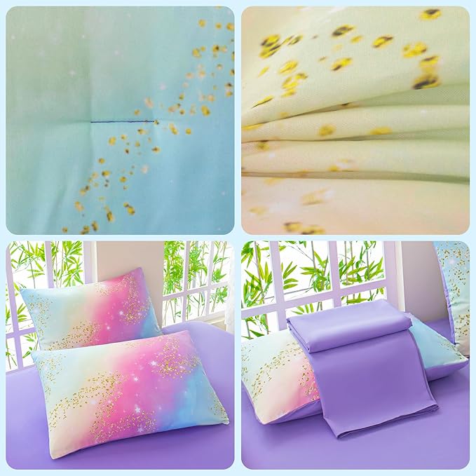 Rainbow Bedding Set Full Size – 7 Piece Reversible Girls Comforter with Deep-Pocket Sheet, Gradient Galaxy Design, Whole-Piece Filling, Machine Washable Bed-in-a-Bag for Kids Room Makeover & Gifts