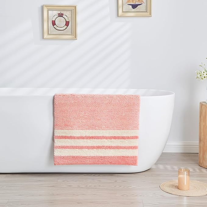 CozeCube Bath mats for Bathroom Non Slip, Fluffy Absorbent Microfiber Bath mat Washable, Aesthetic Bathroom Rugs, Cute Blossom Pink Striped Bath mat, Blossom Pink, 32" x 20"