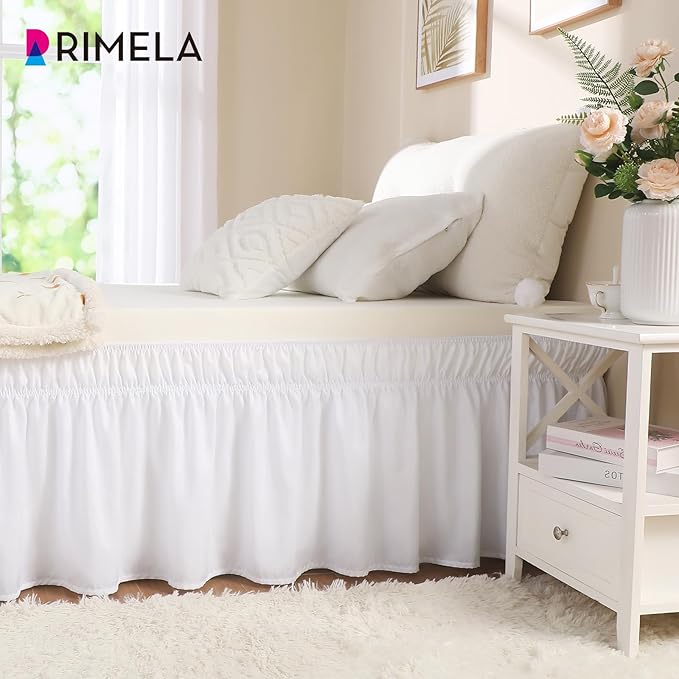 RIMELA White Bed Skirt Twin Size 15 Inch Drop, Elastic Bed Skirting for Bed Base and Frame, Bedding Dust Ruffle Easy to Install, Lightweight Wrap Around Adjustable Bedskirt