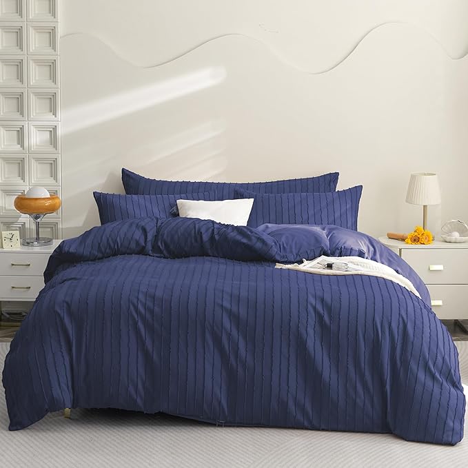JELLYMONI Duvet Cover King Size Navy Blue - 3PCS Boho Striped Duvet Cover Set Polyester Tufted Bohemian Textured Comforter Cover 104×90in with Corner Ties & Zipper and 2 Pillowcases