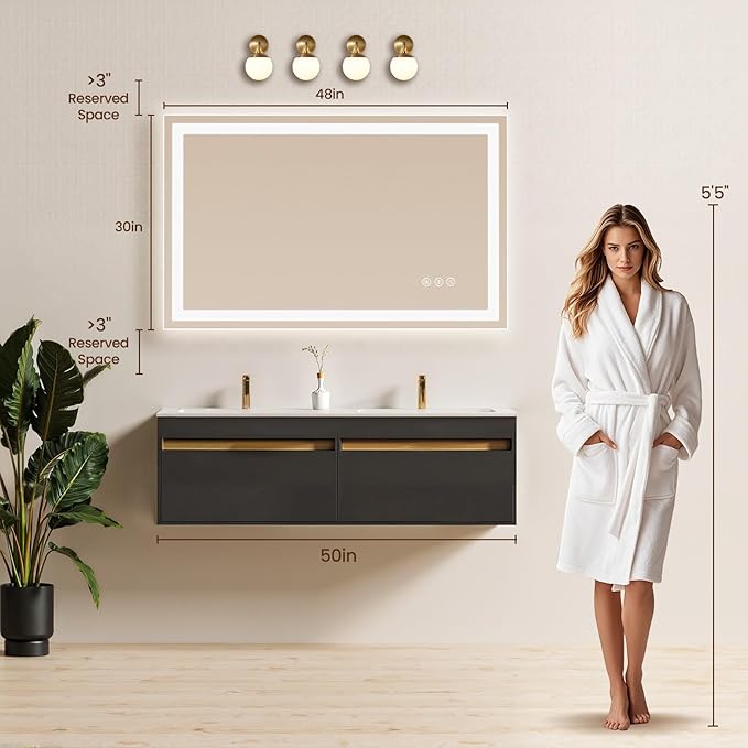 48X30 LED Bathroom Mirror with Lights, Anti-Fog, Backlit + Front Lit, Lighted Bathroom Vanity Mirror for Wall, Memory Function, Dimmable, Tempered Glass, Shatter-Proof, ETL Listed