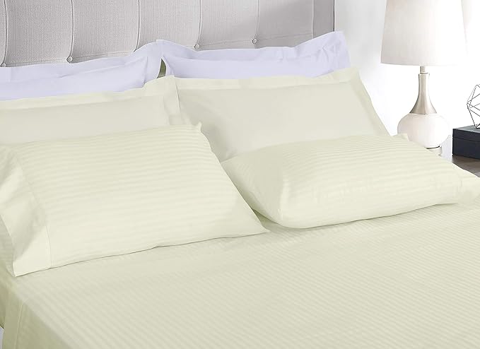 Threadmill 100% Cotton Sheets for Twin XL Size Bed - 600 Thread Count Twin XL Bed Sheets Set with 15” Deep Pocket - Damask Stripe Sateen Weave 3-Piece Bedding Set with Cooling Effect, Ivory