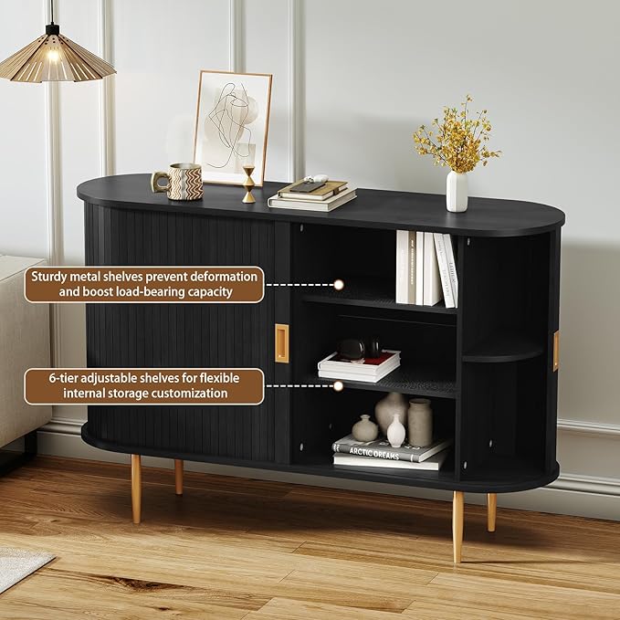 ARTPOWER 47.2" Sideboard Buffet Cabinet with Tambour Door, 6 Heights Adjustable Shelves, Accent Console Cabinet with Storage, Modern Credenza for Living Room, Dining Room, Entryway, Black