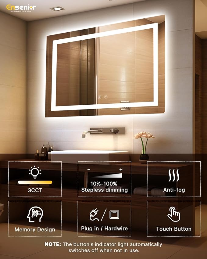 Ensenior LED Bathroom Mirror 60"x 40" with Front and Backlight, Stepless Dimmable Wall Mirrors with Anti-Fog, Shatter-Proof, Memory, 3 Colors, Modern LED Vanity Mirror- FCC
