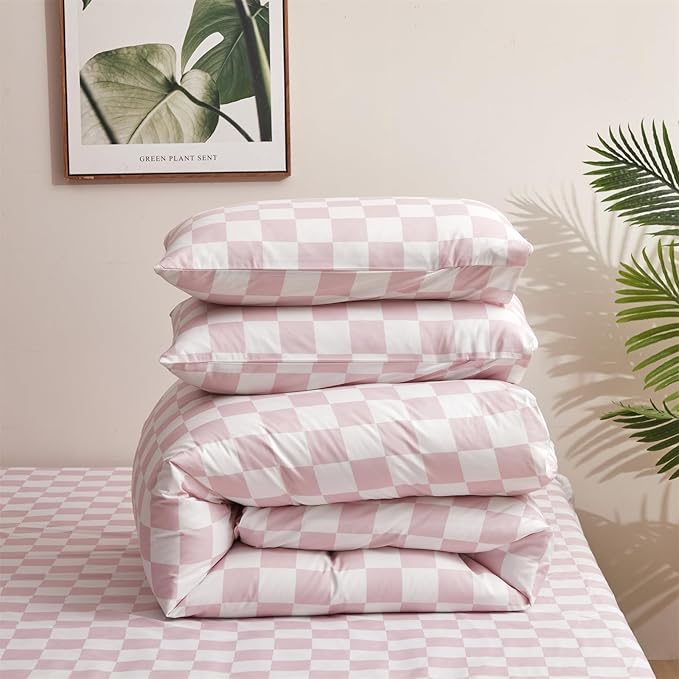 KAREVER Pink White Grid Comforter Set King Pink Plaid Bedding Set Women Pink and White Checkered Bed Comforter Set Breathable Blanket Set Men Durable Bedding Comforter Set
