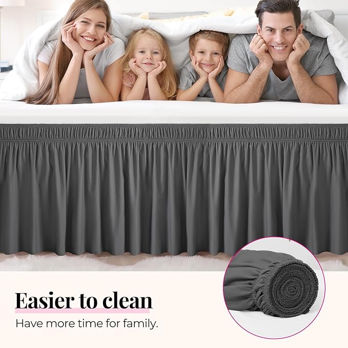 RIMELA Dark Grey Bed Skirt for Queen Size Beds & Matresses Wrap Around Elastic Dust Ruffles for Box Spring, Solid Wrinkle and Fade Resistant Machine Wash Fabric Easy to Install, Bedskirt 15 Inch Drop