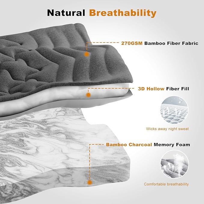 Dual Layer 4 Inch Bamboo Memory Foam Mattress Topper Full Size, 2 Inch Thick Soft Quilted Pillow Top Cover Plus 2 Inch Charcoal Gel Memory Foam Mattress Pad for Back Pain Relief