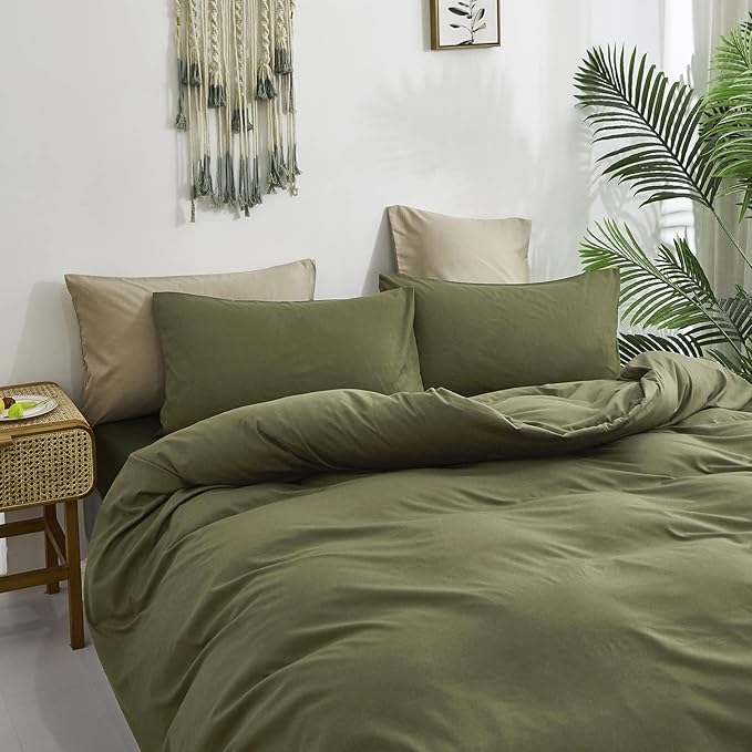 Cottonight Green Comforter Set Full Olive Green Bedding Set Plain Solid Color Blanket Quilts Modern Soft Breathable 3 Piece Classic Comforter Set for Full Bed