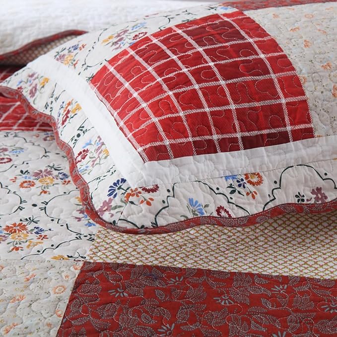 Cotton Bedspread Quilt Bedding Sets 3 Pieces Reversible Coverlet Sets Comforters Vintage Red White Rose Floral Patchwork Bedspread, Queen Size