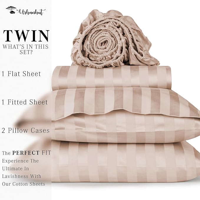 URBANHUT 1000 Thread Count Damask Striped Twin Size Egyptian Cotton Sheets, Long Staple Soft & Breathable, 4 Pc Bed Sheet Sets, Luxury Hotel Sateen Sheets Fits 16" Deep Pocket - Blush Pink