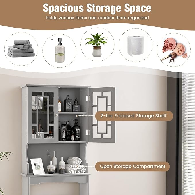 Giantex Over-The-Toilet Storage Space Saver, Bathroom Organizer with Cabinet and Shelf, Above Toilet Standing Rack (Gray)