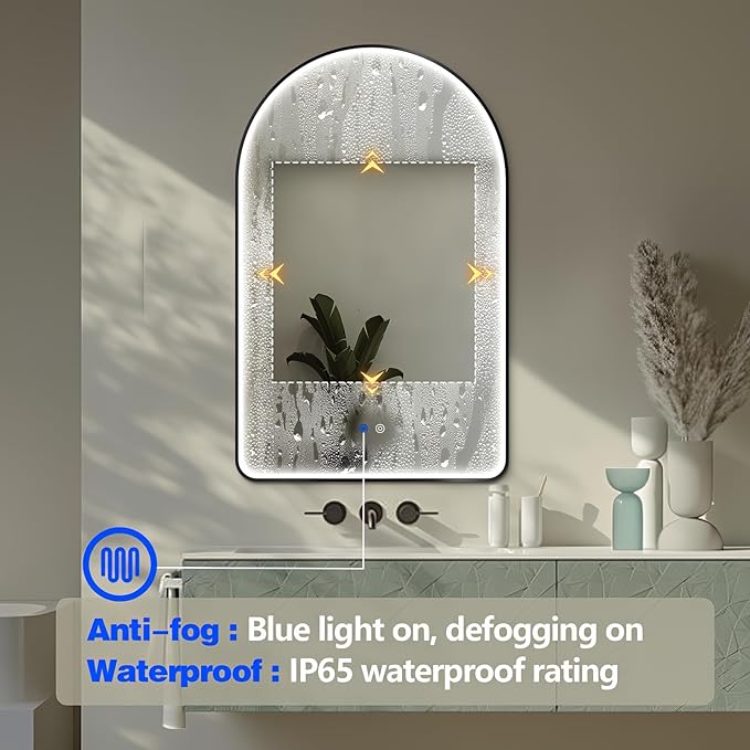 Niccy Arched LED Bathroom Mirror, 30"x20" Black Framed Arch Wall Lighted Mirrors, Arching Frontlit Vanity-Mirror with Memory Function for Bathroom Bedroom, Defogger and 3 Color, Explosion-Proof