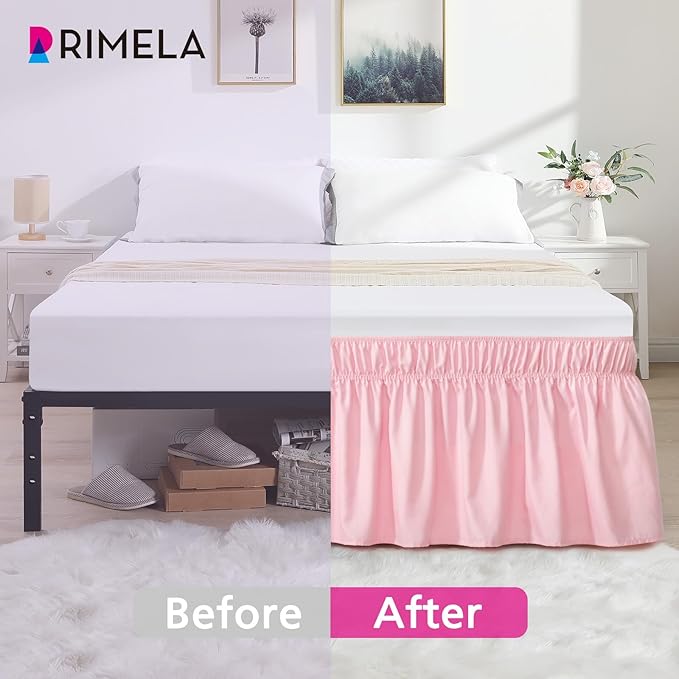 RIMELA Pink Bed Skirt Queen Size 18 Inch Drop, Elastic Bed Skirting for Bed Base and Frame, Bedding Dust Ruffle Easy to Install, Lightweight Wrap Around Adjustable Bedskirt