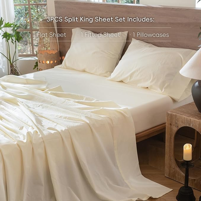 MooMee Bedding Sheet Set 100% Washed Cotton Linen Like Textured Breathable Durable Soft Comfy (Solid Cream White, Twin)