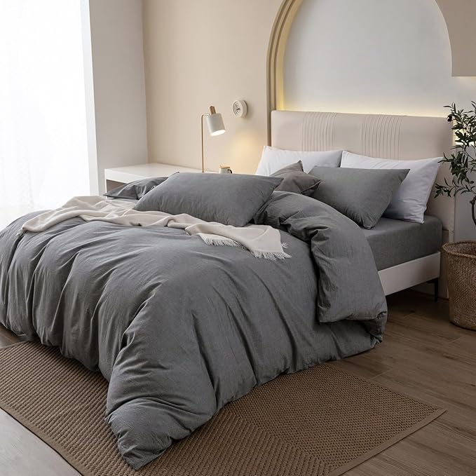 JIYUAN 100% Washed Cotton Duvet Cover Set 3 Pieces Queen, 1 Duvet Cover 90x90 Inches (Comforter Not Included) and 2 Pillowcases,Linen Feel Bedding Set Comfy and Breathable, Heathered Dark Grey