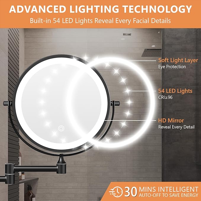 1X/20X Wall Mounted Makeup Mirror with Light, 8" Rechargeable Double-Sided Magnifying Mirror, Vanity Mirror Dimmable 3 Color Light, 360° Extension Rotation Foldable 14.5 Inch Arm for Bathroom