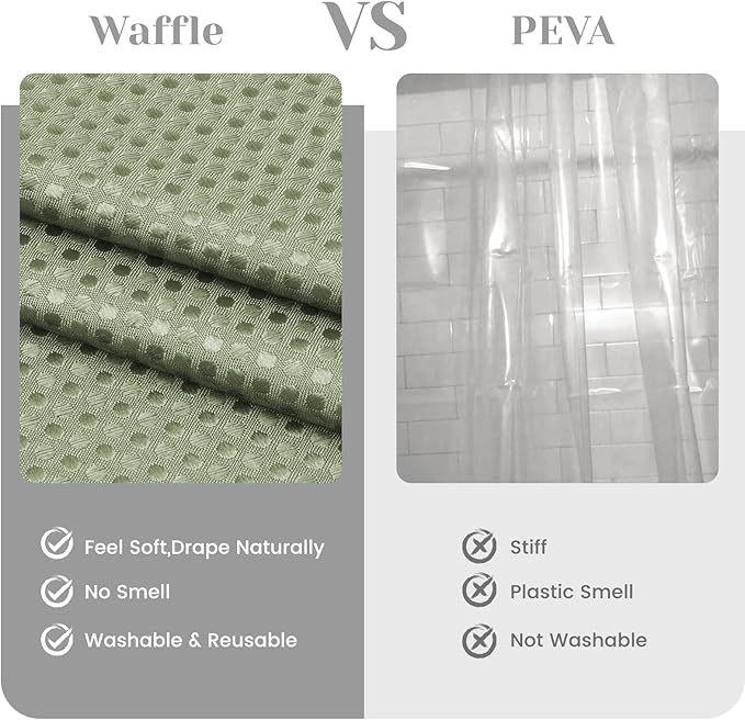 No Hook Shower Curtain with Snap in Liner Set Waffle Shower Curtain for Bathroom Hotel Style Fabric Waterproof Inner Liner，71" W x 86" H, Green