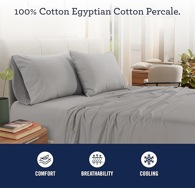 IZOD 100% Egyptian Cotton Sheets Set King Size, Cotton Percale Crisp Sheet Set 4Pc,Lightweight & Deep Pocket fits Upto 17", Long-Staple Soft Combed, Hotel Style Luxury Bedding Sheet - Sterling Silver