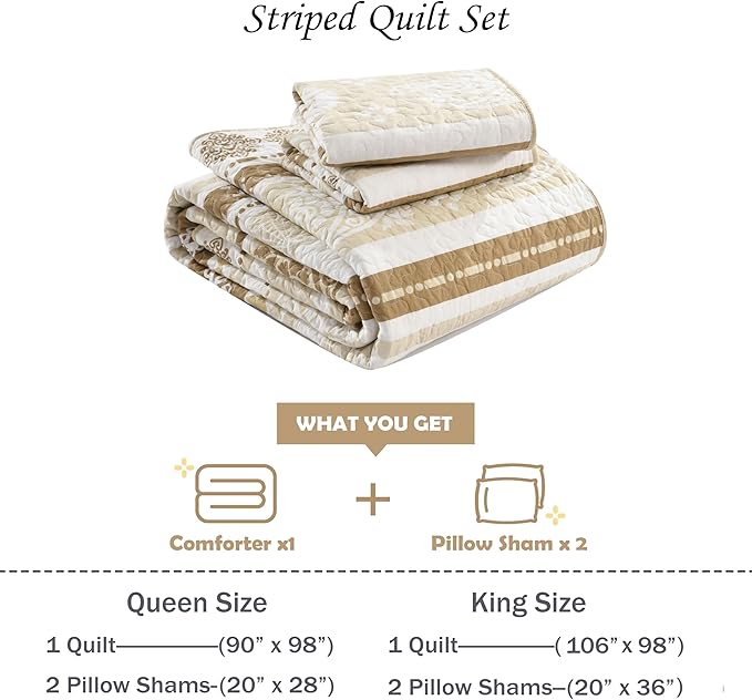 Bedding Set, King Size Quilt, Cotton Bedding Comforter Sets, Brown Taupe Striped Pattern Bed Set, Lightweight Reversible Bedspreads, Machine Washable Coverlet Neutral 3 Pieces