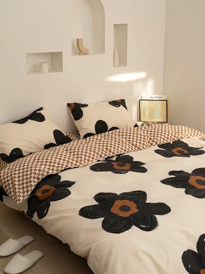 KAREVER Black Floral Comforter Set Black Botanical Bedding King Women Chic Blankets Lightweight Black Sunflower Reversible Bed Comforter Set King Size