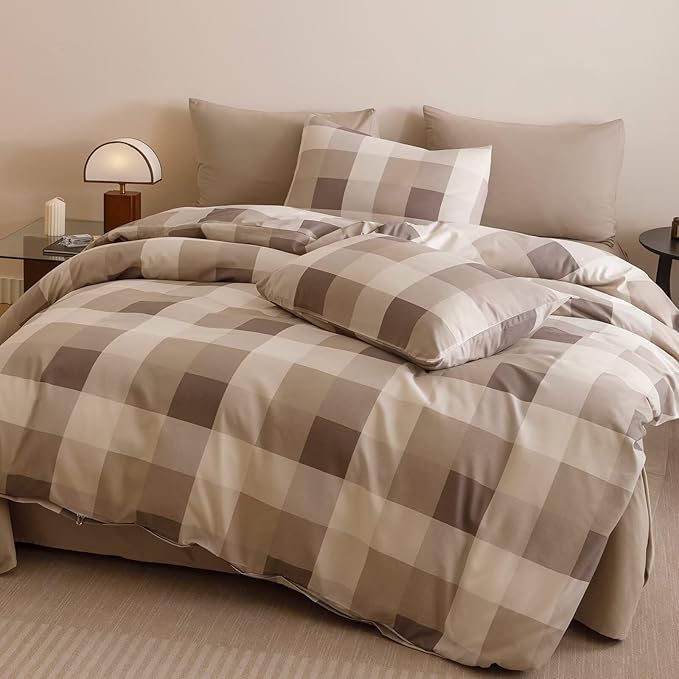 Cottonight Checkered Khaki Comforter Set King Men Gingham Grid Bedding Set Khaki and Cream Coffee Grid Comforter Fluffy Soft Blanket Quilts Modern Cottagecore Comforter for King Bed
