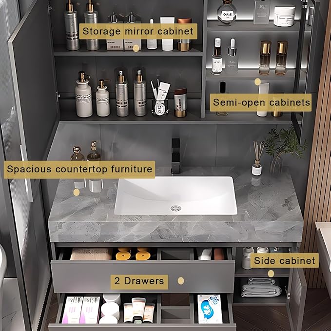 White 28IN Modern Bathroom Vanity - Wall-Mounted Bathroom Storage Cabinet & Bathroom Vanity with Sink, Bathroom Medicine Cabinet Wall Mounted, Defogging & Led Lighting | Bathroom Cabinet Slim