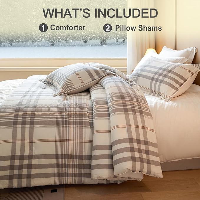 100% Cotton Comforter Set King Size – Reversible Yarn-Dyed Checkered Design, Soft Washed Cotton on Both Sides, Lightweight All-Season Bedding, Machine Washable(Grey White Plaid, 104”x90”)