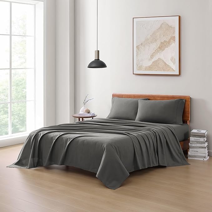 LANE LINEN 100% Organic Cotton Sheets King Size Machine Washable Fully Elasticized Soft & Comfy Mercerized Sustainably Produced All Season Eco Friendly Cotton Sheets sábanas King- Charcoal