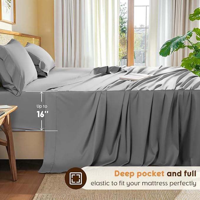 LBRO2M 100% Cotton Sheets Set King Size 600 Thread Count Sheet 4 Piece Sets Bed Sheet Deep Pocket Up to 16" Soft Comfortable All Season (King, Gray)