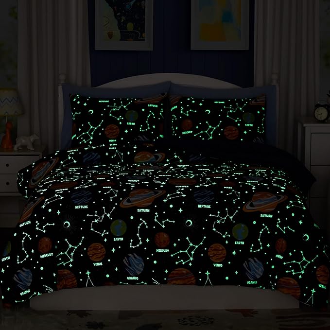Full Size Comforter Set for Boys-7 Pieces Space Glow in The Dark Full Bedding Sets for Kids, Ultra Soft Bed in A Bag with Sheets