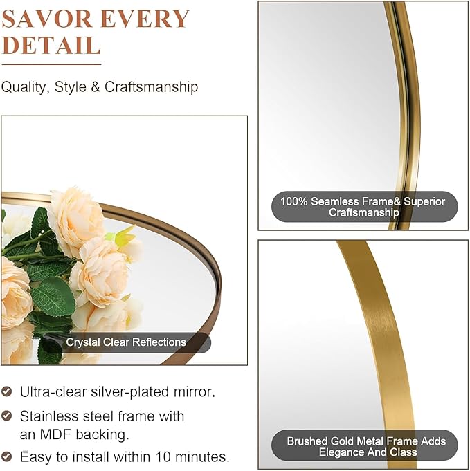 ANDY STAR Gold Round Mirror, Brushed Gold Round Bathroom Mirror, Brass Circle Mirror 32 inch, Modern Vanity Mirror in Stainless Steel Metal Frame for Home Decor, Entryway, Living Room