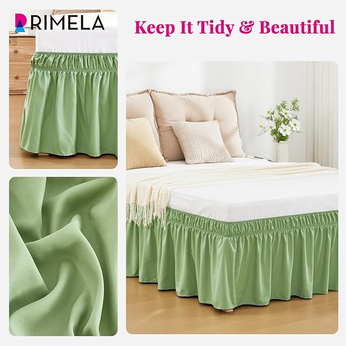 RIMELA Light Green Bed Skirt King Size 15 Inch Drop, Elastic Bed Skirting for Bed Base and Frame, Bedding Dust Ruffle Easy to Install, Lightweight Wrap Around Adjustable Bedskirt