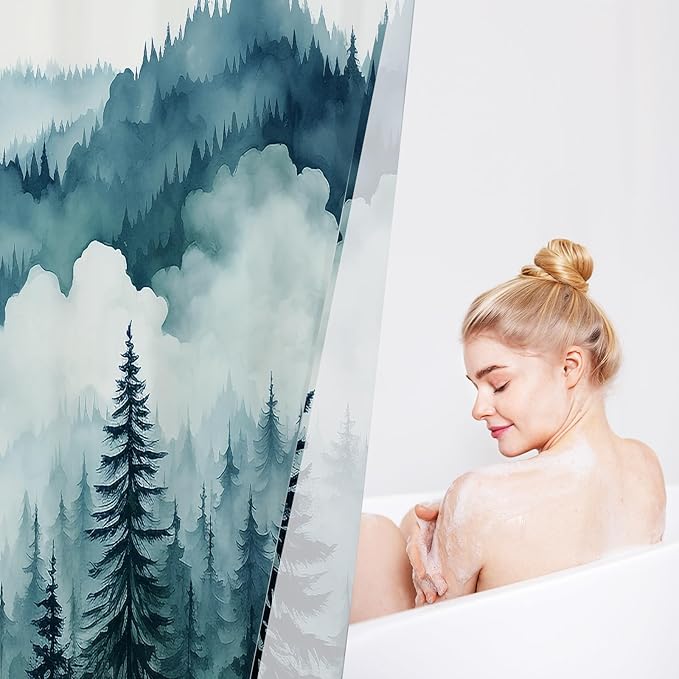 Peacock Blue Small Stall Misty Pine Forest Shower Curtain 36 x 72, Mountain Foggy Woodland Scenery Tree Narrow Half Size Shower Curtains for Bathroom, Abstract Waterproof Nature-Themed Decor