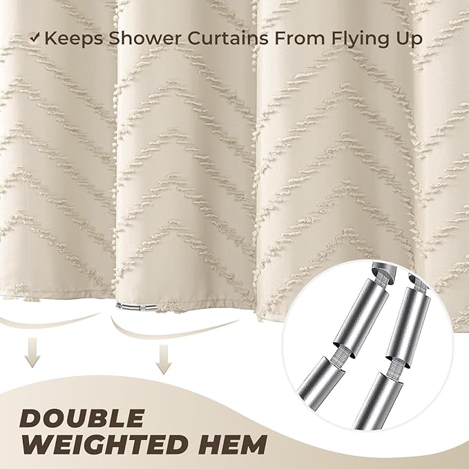 84 Inches Extra Long Beige Shower Curtain Boho Neutral Tufted Chevron Textured Striped Minimalist Shower Curtains for Bathroom