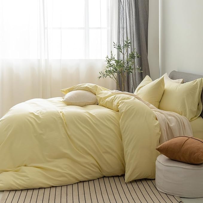 FOSSA Duvet Cover Set 100% Washed Cotton Linen Feel Super Soft Breathable Cozy 3 Pieces Bedding Sets Solid Pastel Yellow Queen