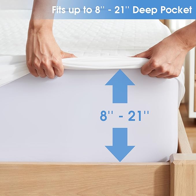 Hanherry 100% Waterproof Mattress Protector King Size, Mattress Cover 3D Air Fabric Cooling Mattress Pad Cover Smooth Soft Breathable Noiseless, 8''-21'' Deep Pocket