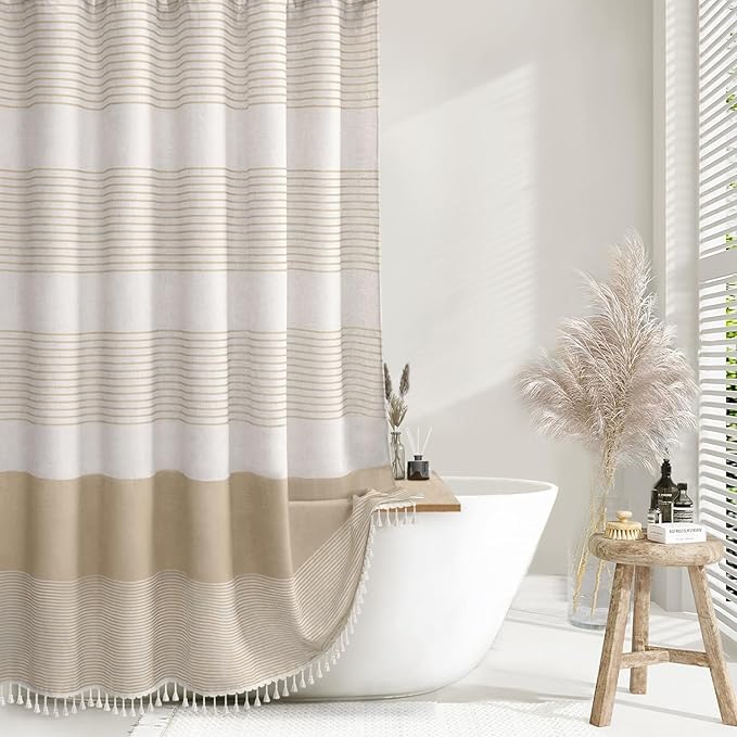Awellife Boho Shower Curtains for Bathroom,Beige Linen Texture Shower Curtain with Striped Tassels 72x72 Inches Neutral
