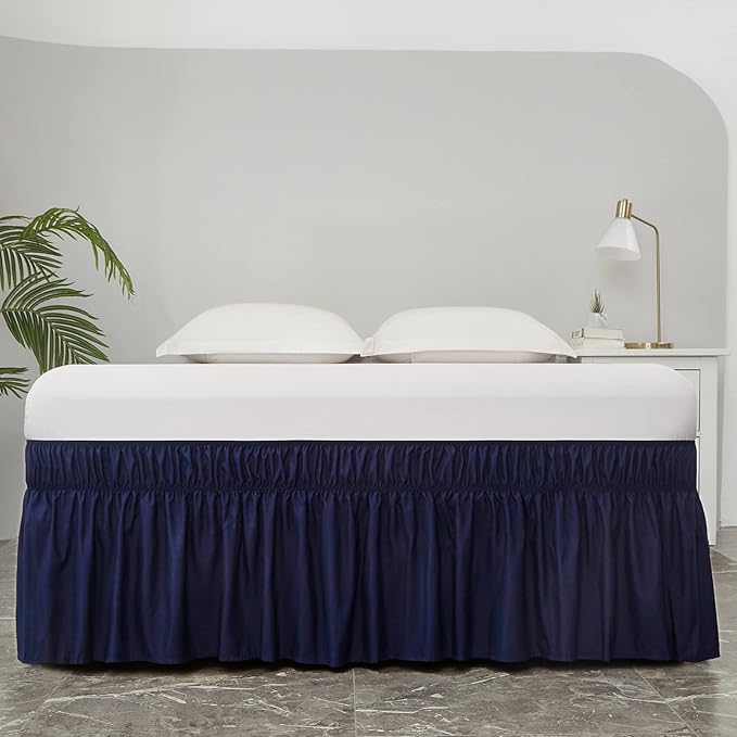 MEILA Wrap Around Bed Skirt Three Fabric Sides Elastic Dust Ruffled 18 Inch Tailored Drop,Easy to Install Fade Resistant-Navy Blue, Twin/Full