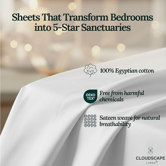Cloud Scape Linen Engineered Dual-Ply Egyptian Cotton Queen Size Sheet Set – Long-Staple Sateen Weave, 4-Piece Soft Hotel Quality Bedding Set,Deep Pockets Up to 17”, White