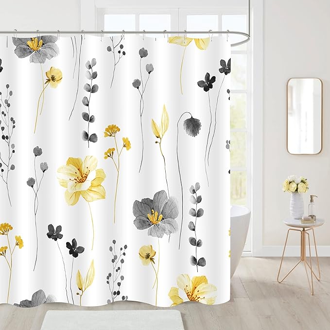 Gibelle Small Stall Shower Curtain 36 x 72, Narrow Half Watercolor Floral Fabric Shower Curtain, Yellow Grey Flower Decorative Bathroom Shower Curtain Set with Hooks